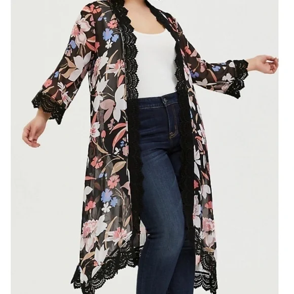 Torrid floral chiffon crochet kimono duster 3/4 - Picture 1 of 10